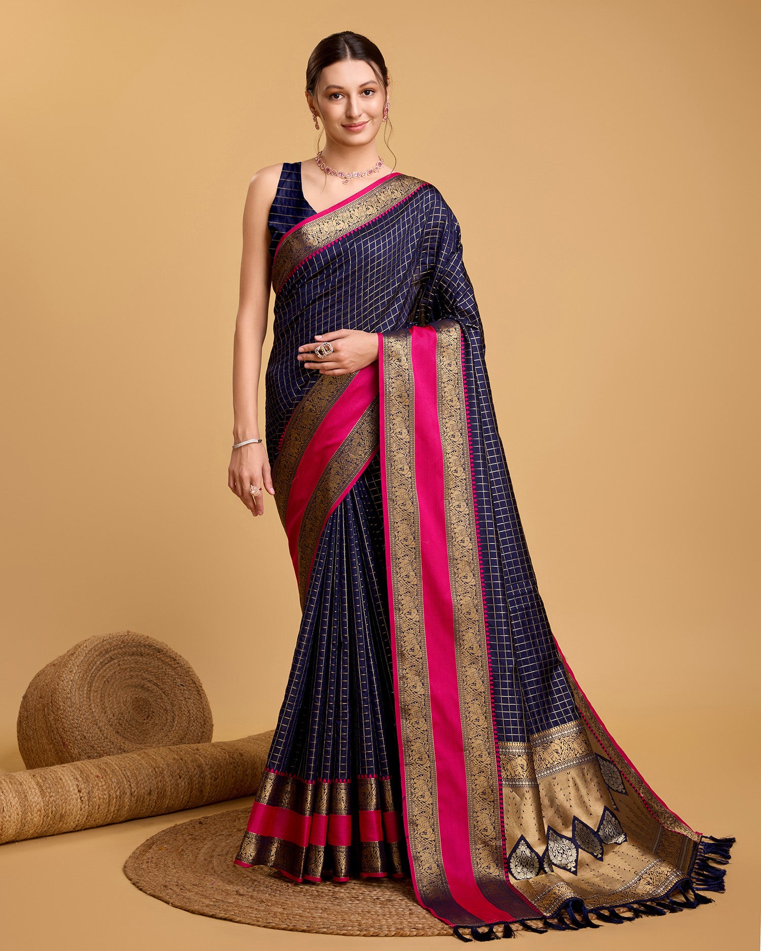 Vedant Vastram Soft Litchi Silk Banarasi Silk Saree - Navy - Distacart