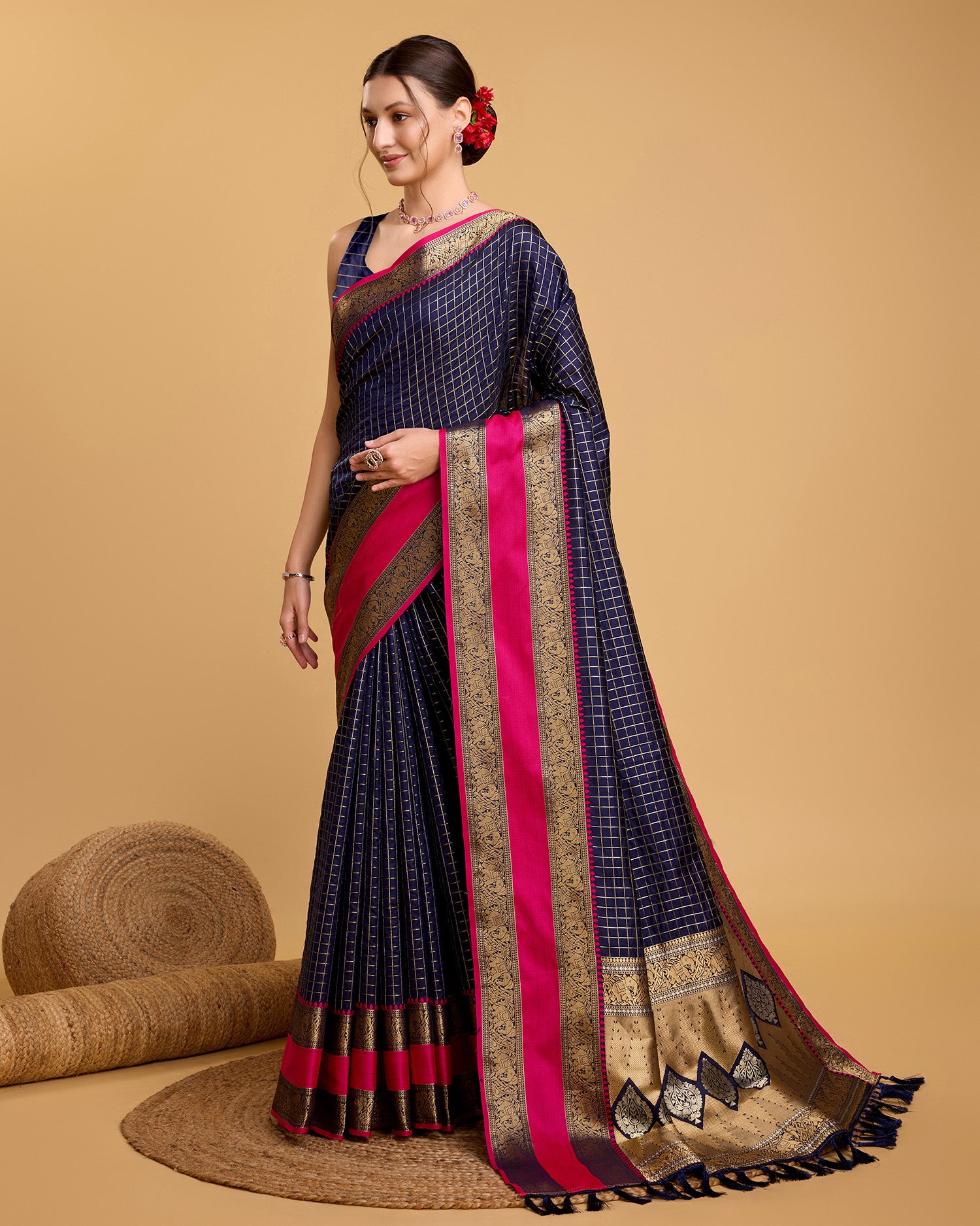 Vedant Vastram Soft Litchi Silk Banarasi Silk Saree - Navy - Distacart