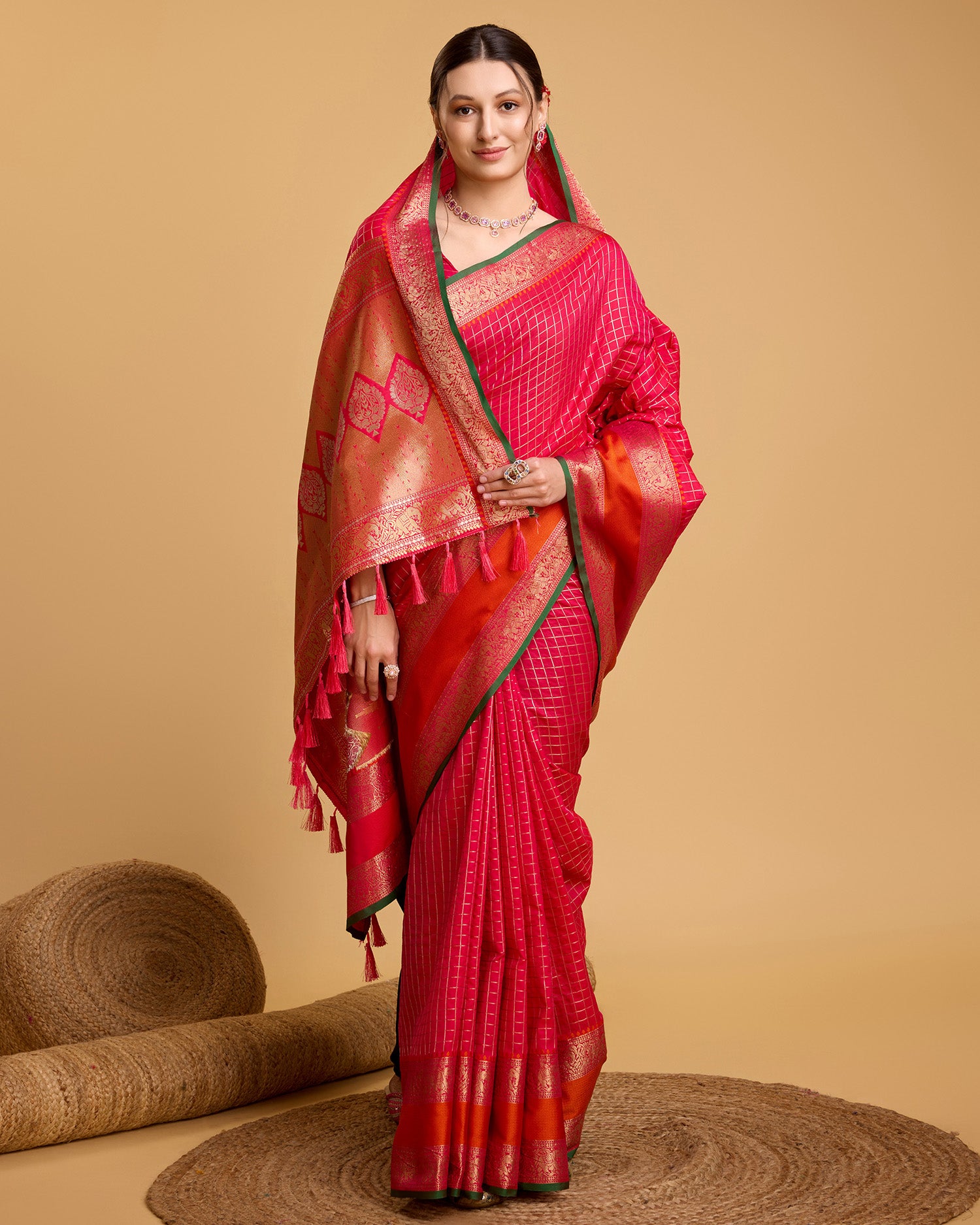 Vedant Vastram Soft Litchi Silk Banarasi Silk Saree - Pink - Distacart
