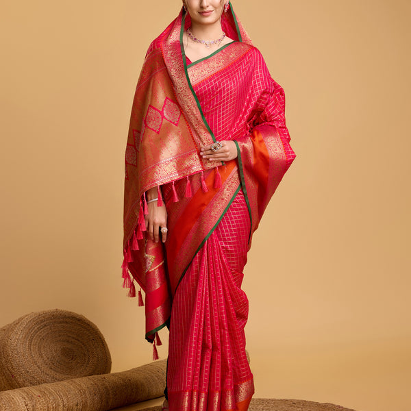 Vedant Vastram Soft Litchi Silk Banarasi Silk Saree - Pink - Distacart