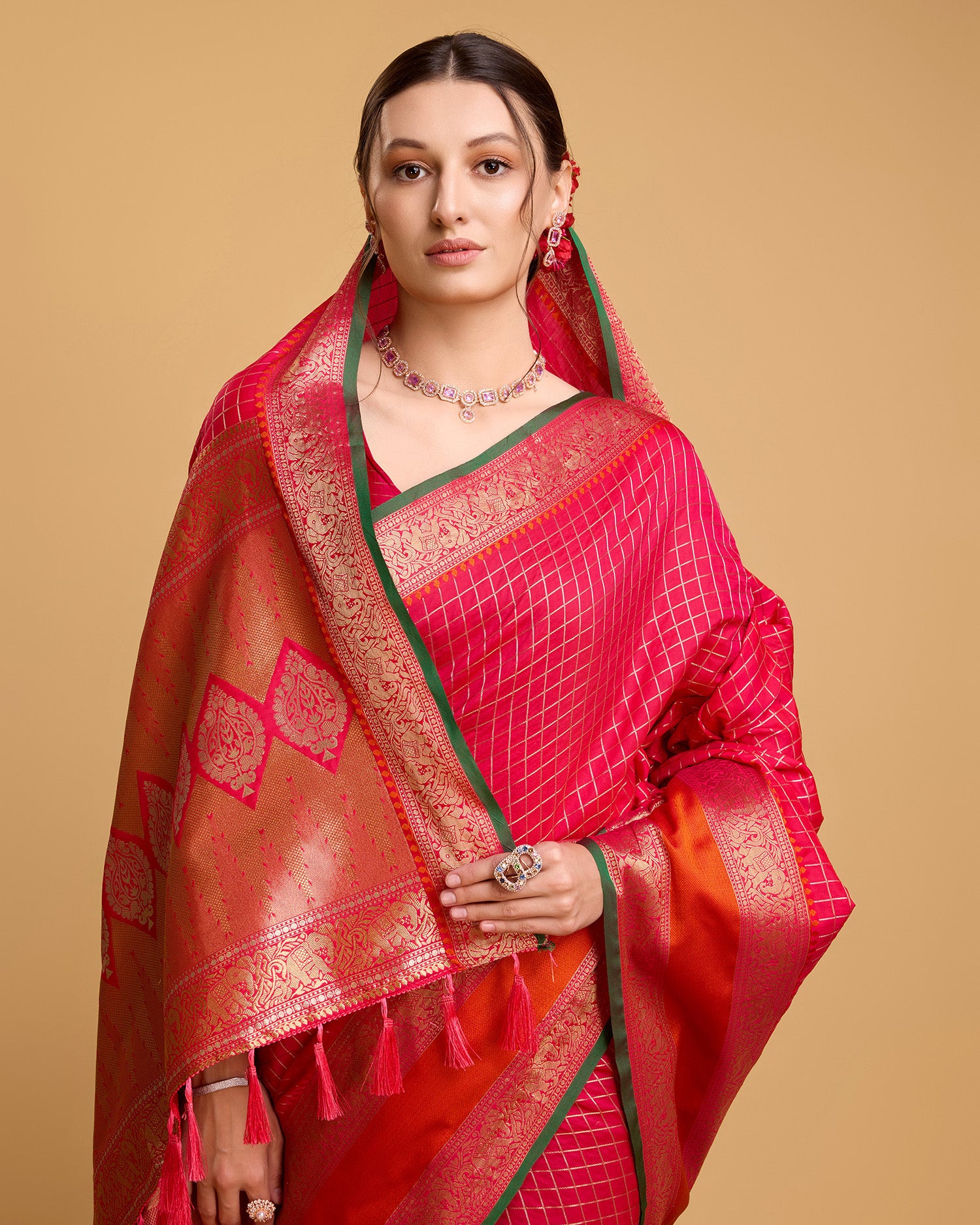Vedant Vastram Soft Litchi Silk Banarasi Silk Saree - Pink - Distacart