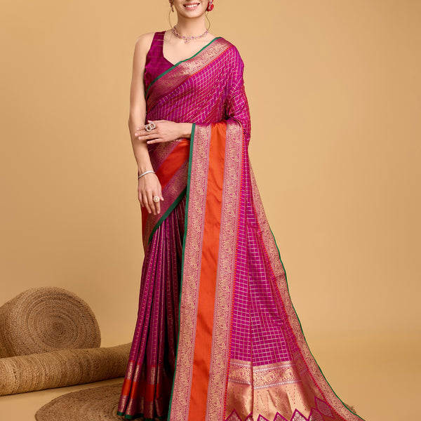 Vedant Vastram Soft Litchi Silk Banarasi Silk Saree - Rani - Distacart