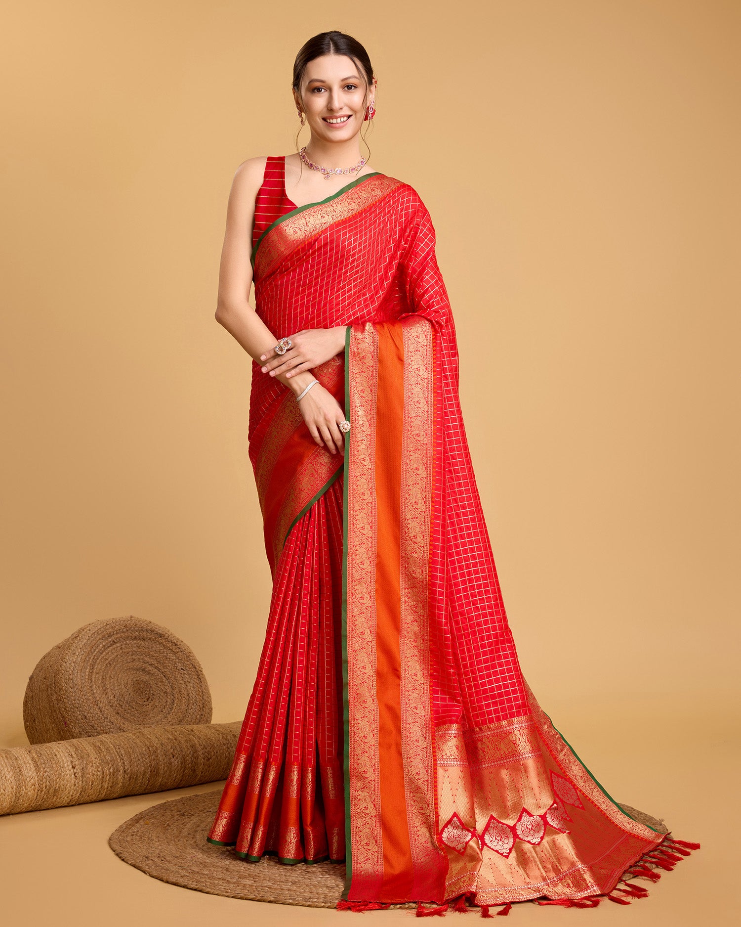 Vedant Vastram Soft Litchi Silk Banarasi Silk Saree - Red - Distacart
