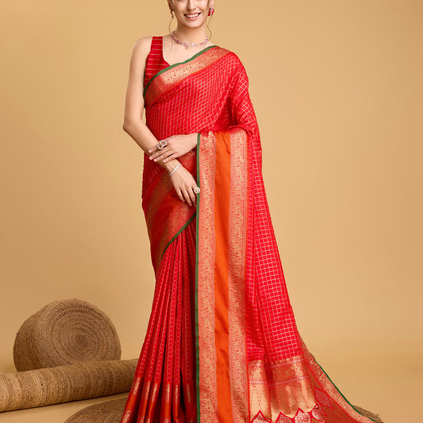 Vedant Vastram Soft Litchi Silk Banarasi Silk Saree - Red - Distacart