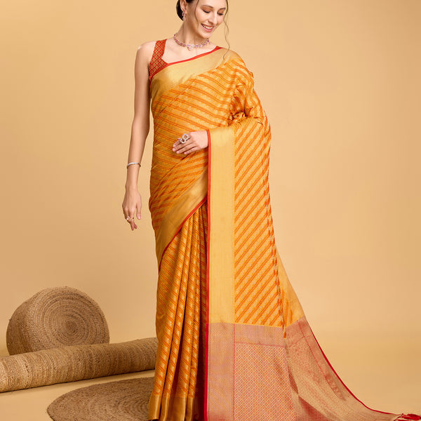 Vedant Vastram Soft Litchi Silk Kanjeevaram Silk Saree - Mustard - Distacart