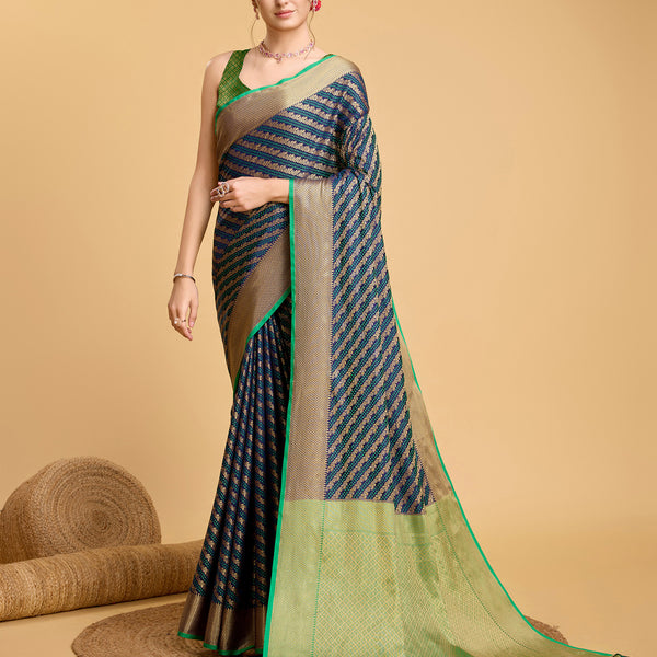 Vedant Vastram Soft Litchi Silk Kanjeevaram Silk Saree - Navy - Distacart