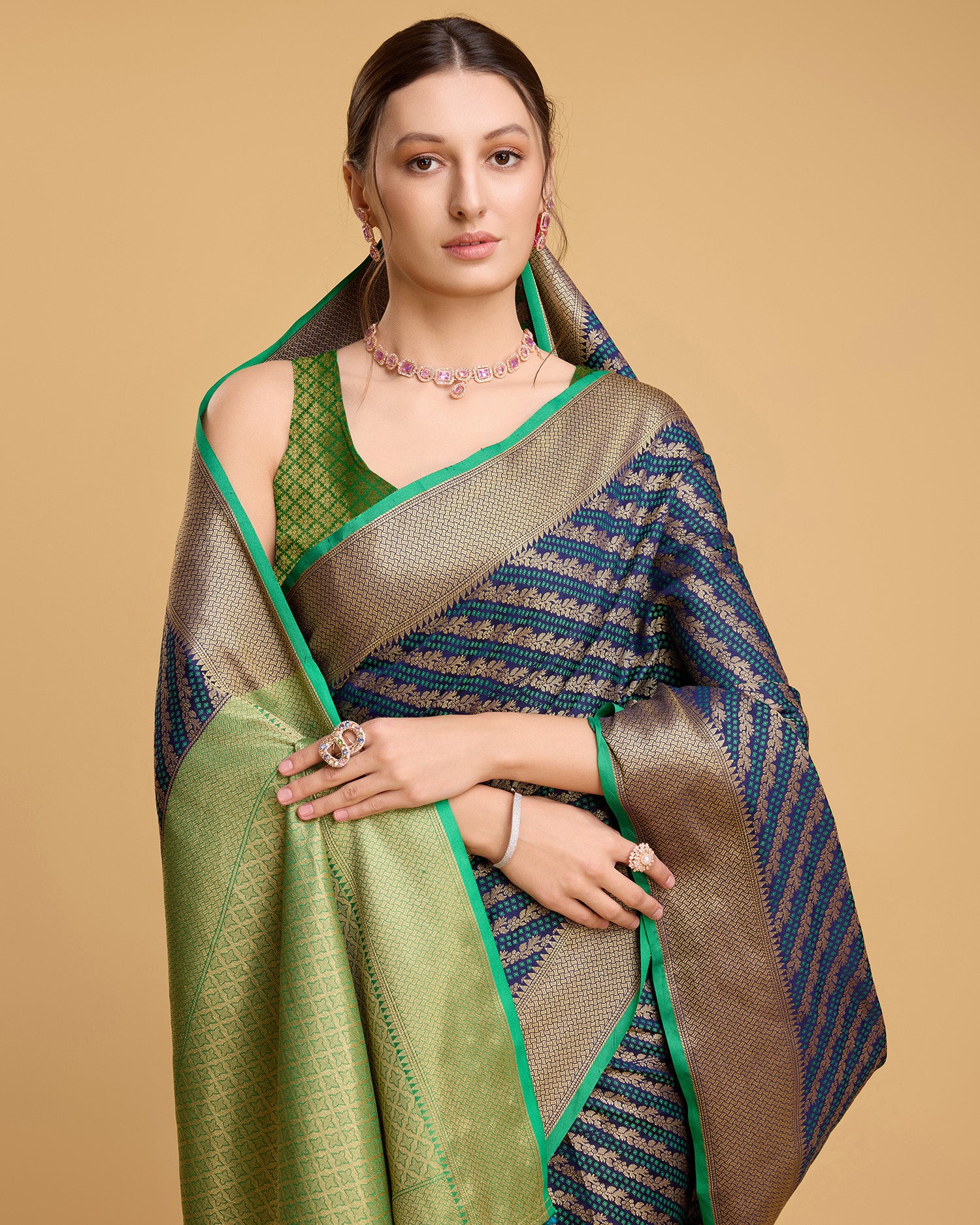 Vedant Vastram Soft Litchi Silk Kanjeevaram Silk Saree - Navy - Distacart