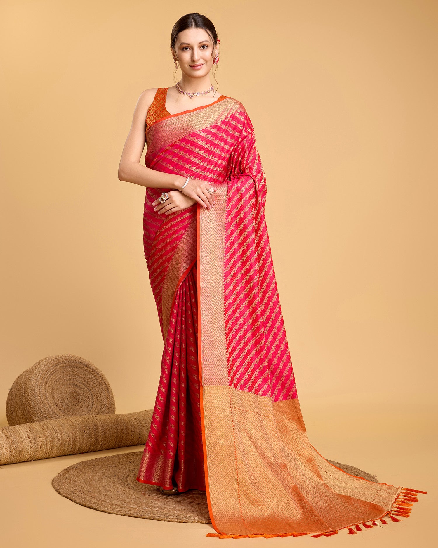 Vedant Vastram Soft Litchi Silk Kanjeevaram Silk Saree - Pink - Distacart