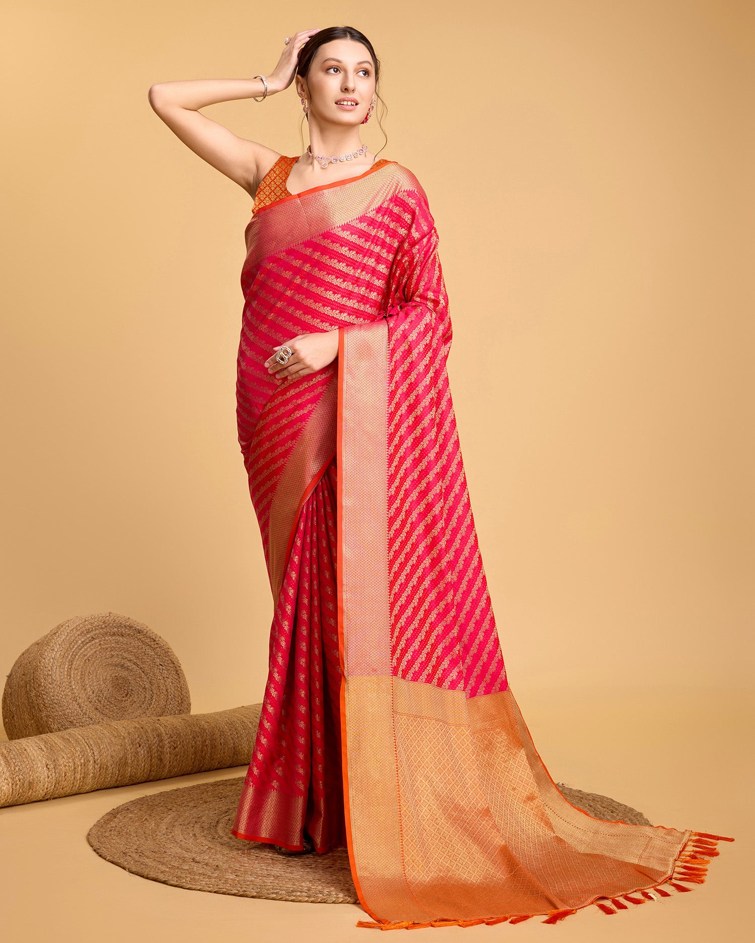 Vedant Vastram Soft Litchi Silk Kanjeevaram Silk Saree - Pink - Distacart