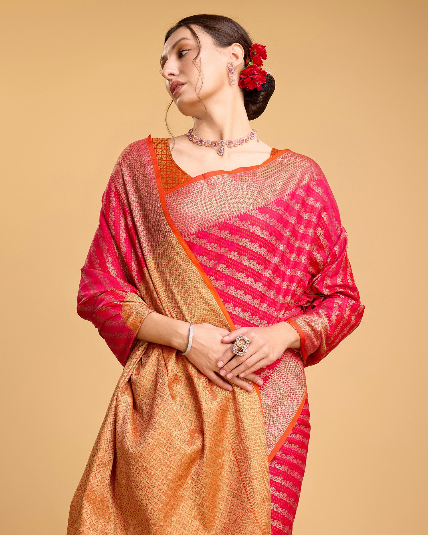 Vedant Vastram Soft Litchi Silk Kanjeevaram Silk Saree - Pink - Distacart
