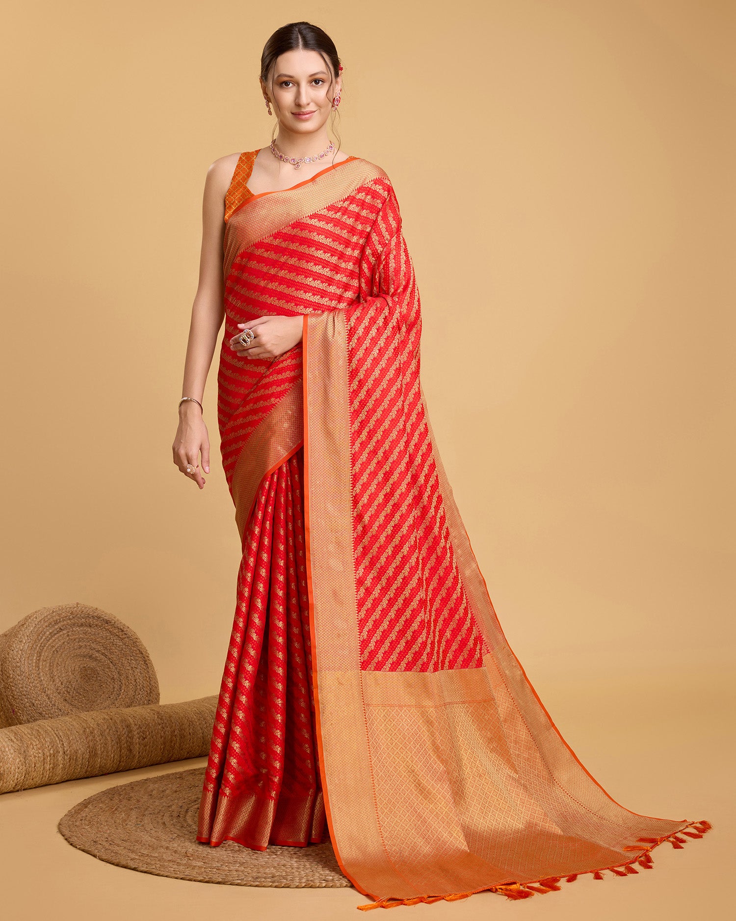 Vedant Vastram Soft Litchi Silk Kanjeevaram Silk Saree - Red - Distacart