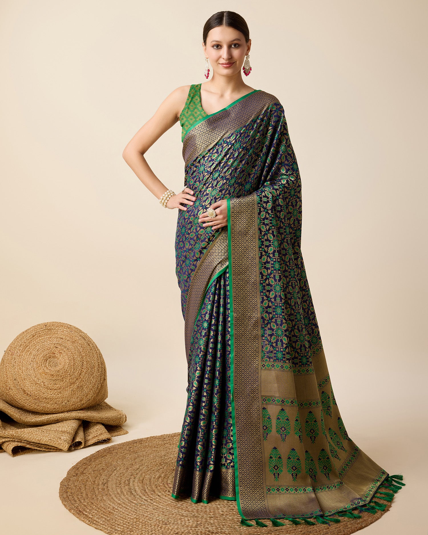 Vedant Vastram Soft Litchi Silk Kanjeevaram Silk Saree - Green - Distacart
