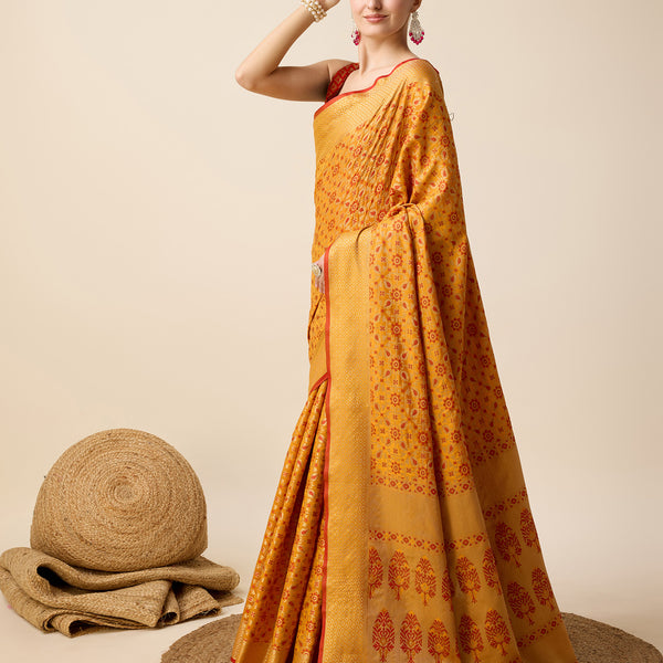 Vedant Vastram Soft Litchi Silk Kanjeevaram Silk Saree - Mustard - Distacart