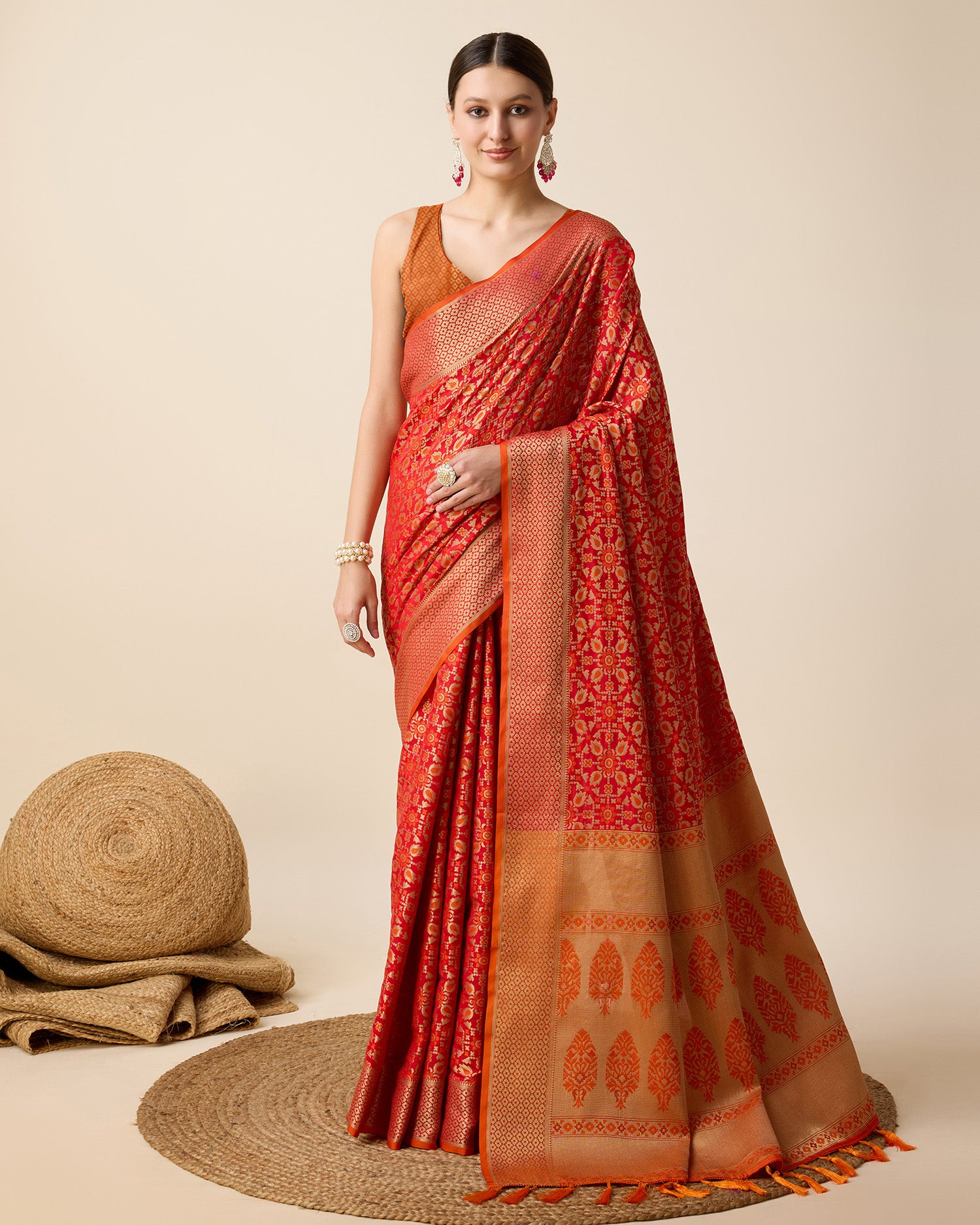 Vedant Vastram Soft Litchi Silk Kanjeevaram Silk Saree - Orange - Distacart