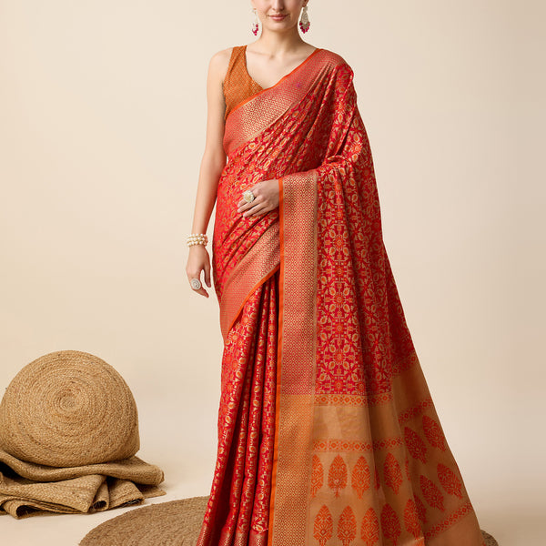 Vedant Vastram Soft Litchi Silk Kanjeevaram Silk Saree - Orange - Distacart