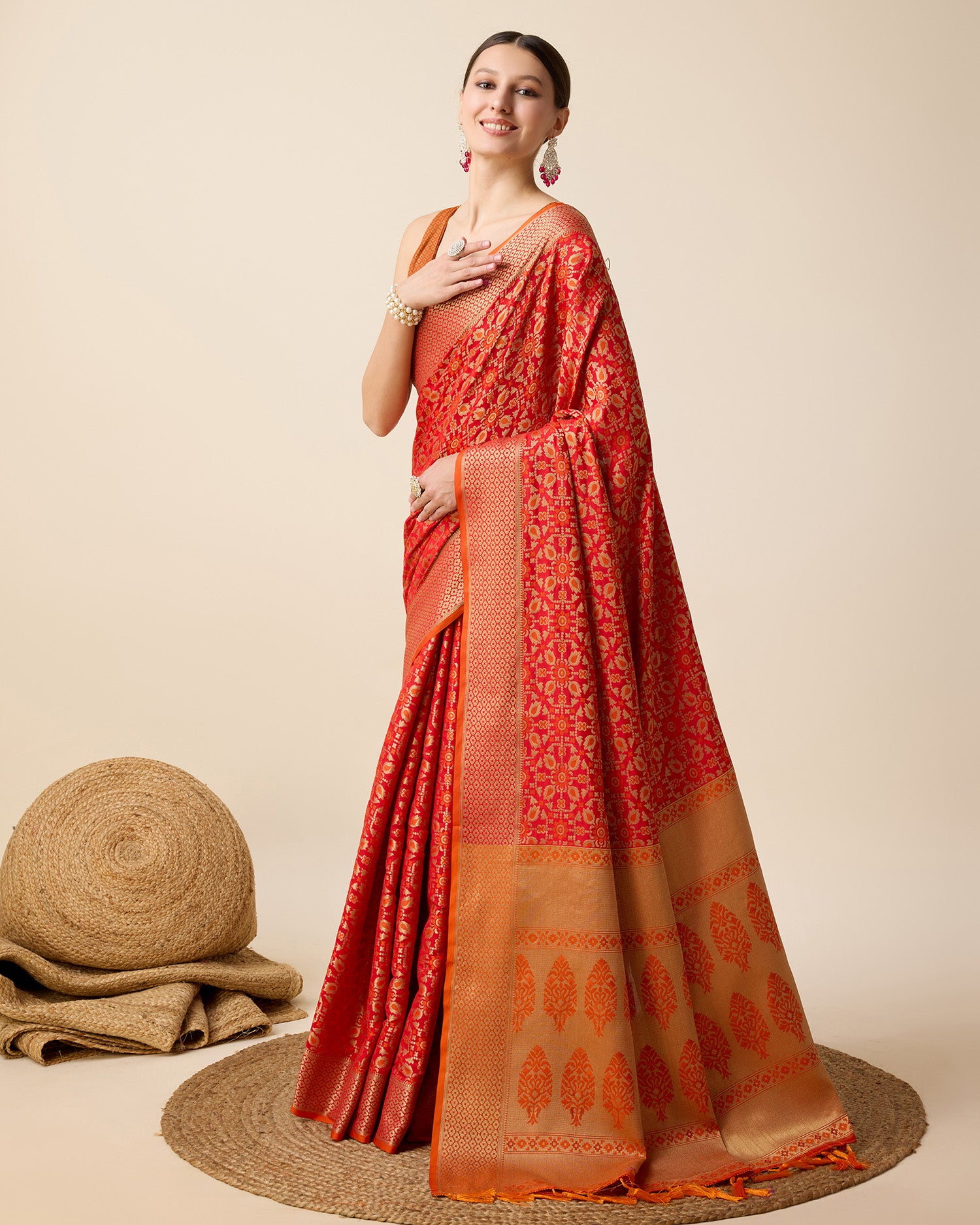 Vedant Vastram Soft Litchi Silk Kanjeevaram Silk Saree - Orange - Distacart