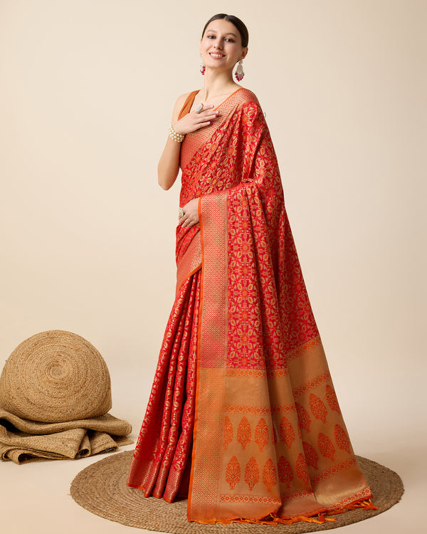 Vedant Vastram Soft Litchi Silk Kanjeevaram Silk Saree - Orange - Distacart