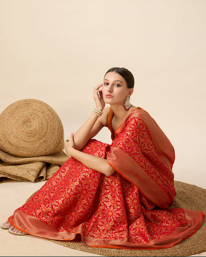Vedant Vastram Soft Litchi Silk Kanjeevaram Silk Saree - Orange - Distacart