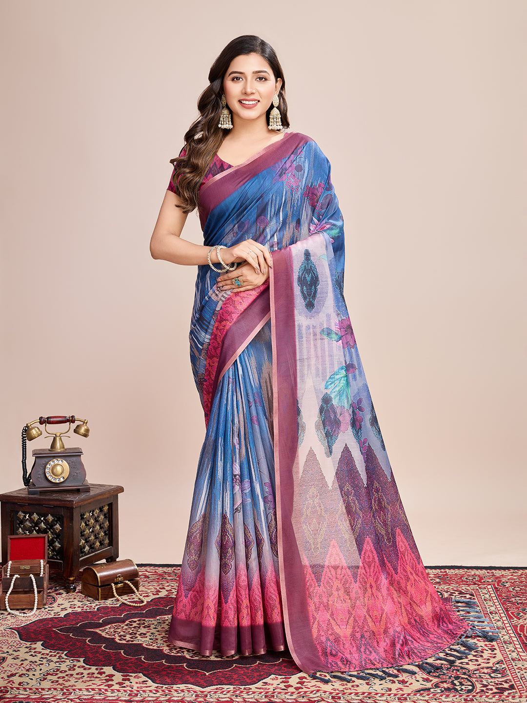 Vedant Vastram Linen Printed Bollywood Saree - Blue - Distacart