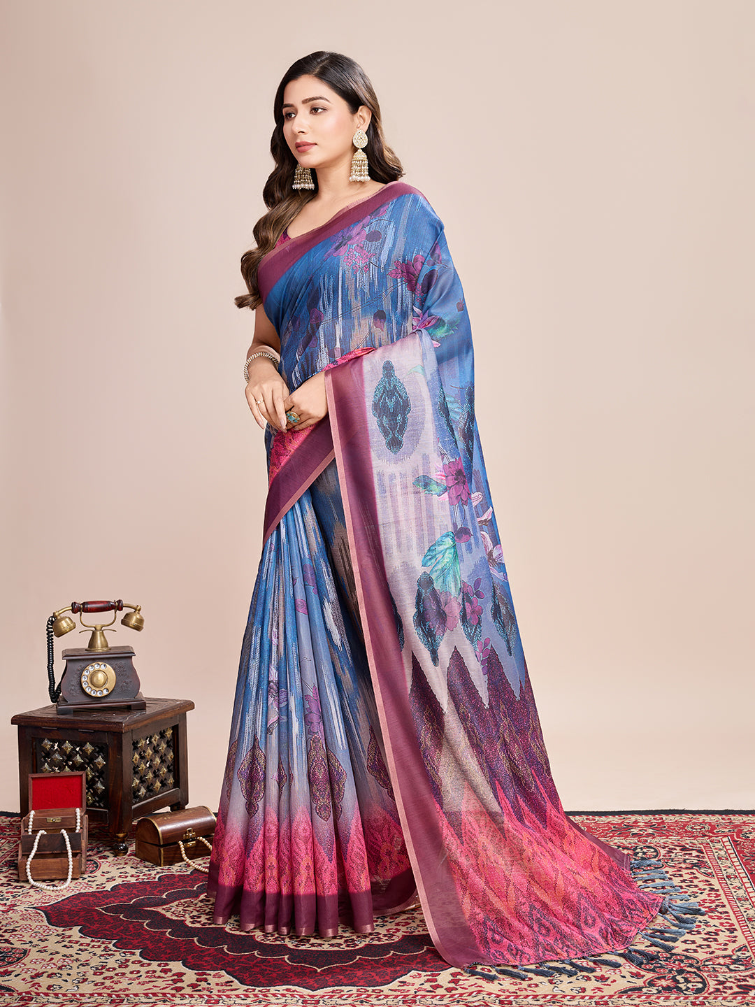 Vedant Vastram Linen Printed Bollywood Saree - Blue - Distacart
