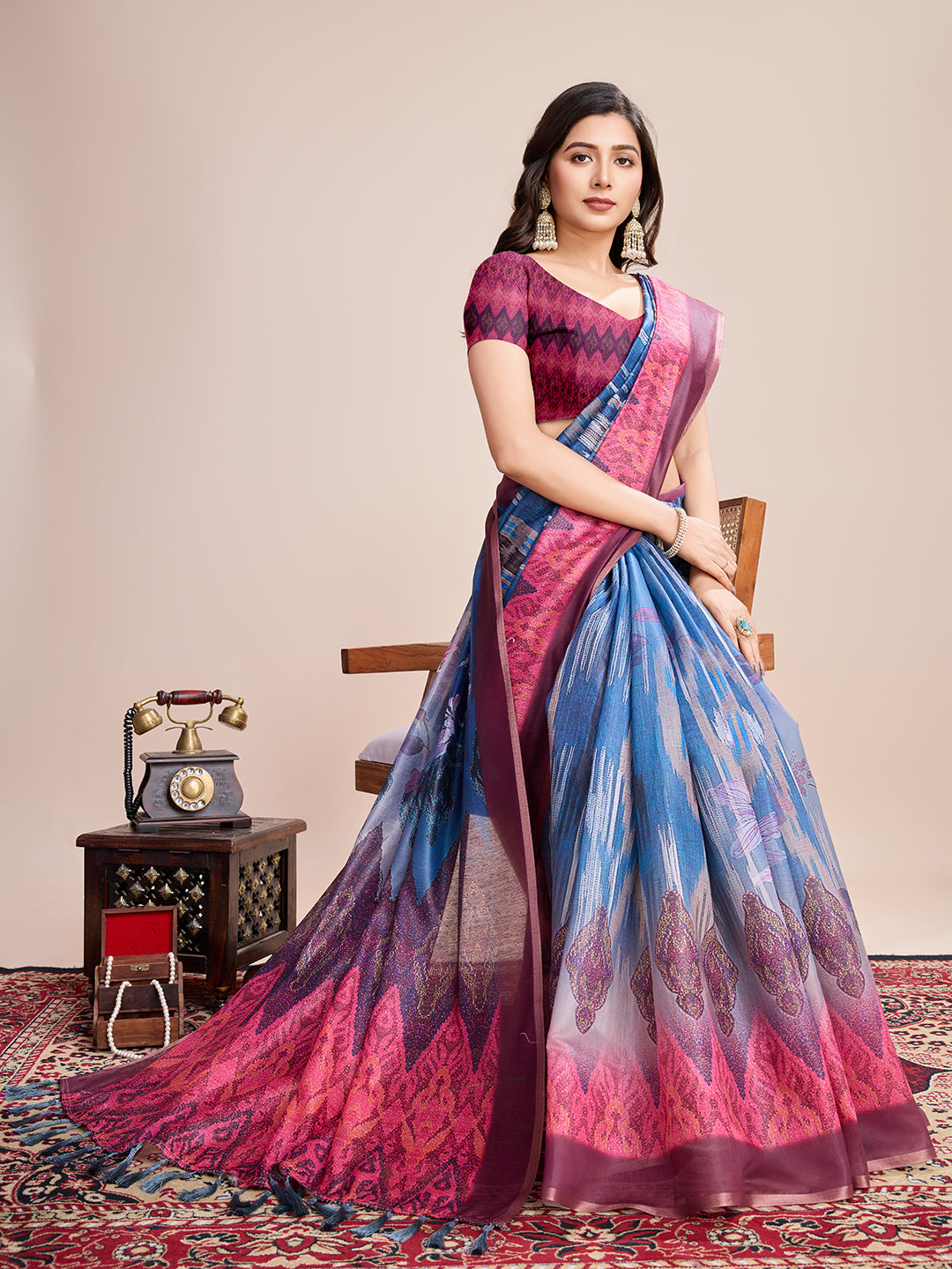 Vedant Vastram Linen Printed Bollywood Saree - Blue - Distacart