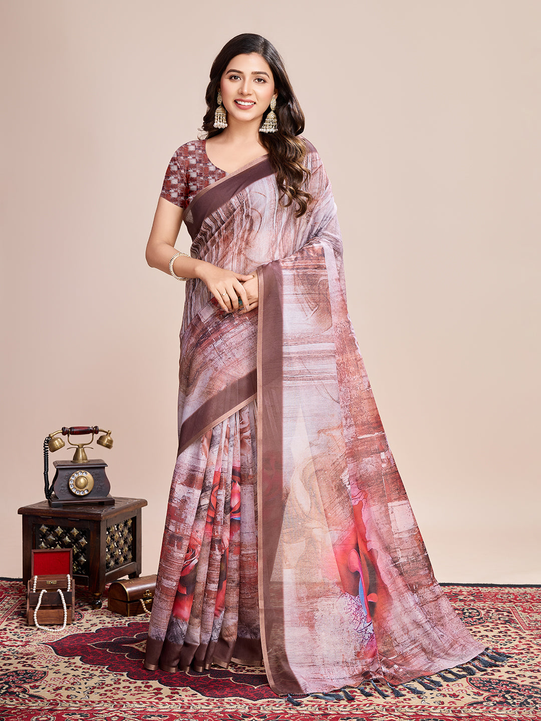 Vedant Vastram Linen Printed Bollywood Saree - Brown - Distacart