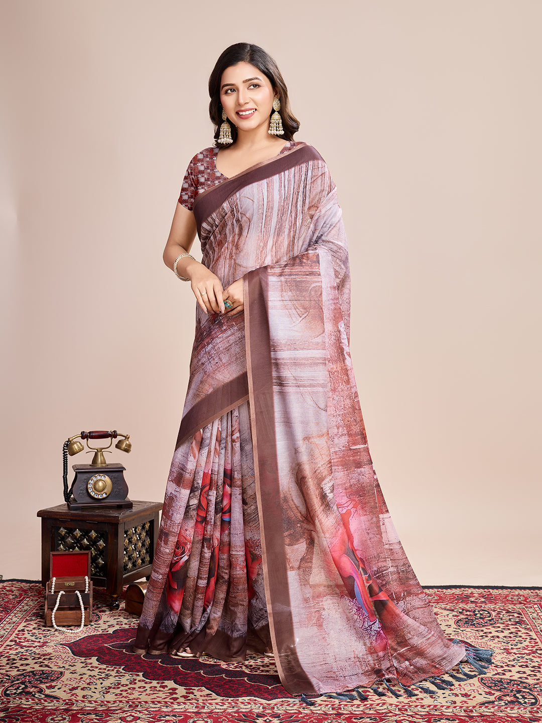 Vedant Vastram Linen Printed Bollywood Saree - Brown - Distacart