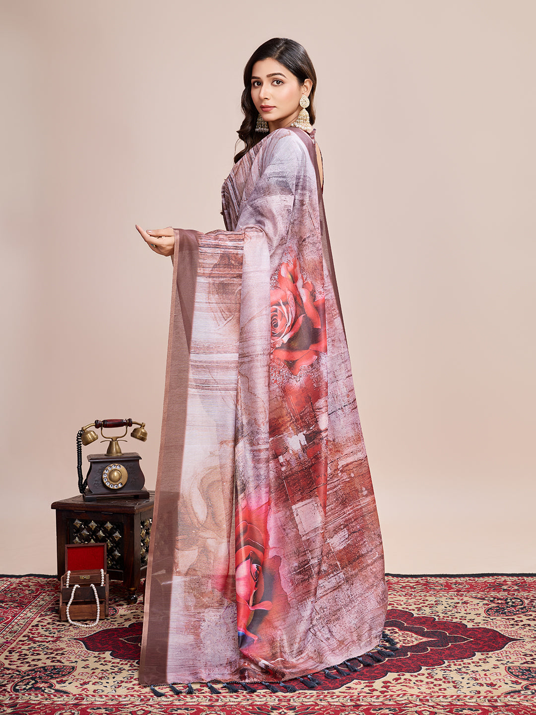Vedant Vastram Linen Printed Bollywood Saree - Brown - Distacart
