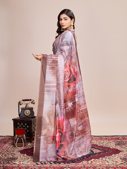Vedant Vastram Linen Printed Bollywood Saree - Brown - Distacart