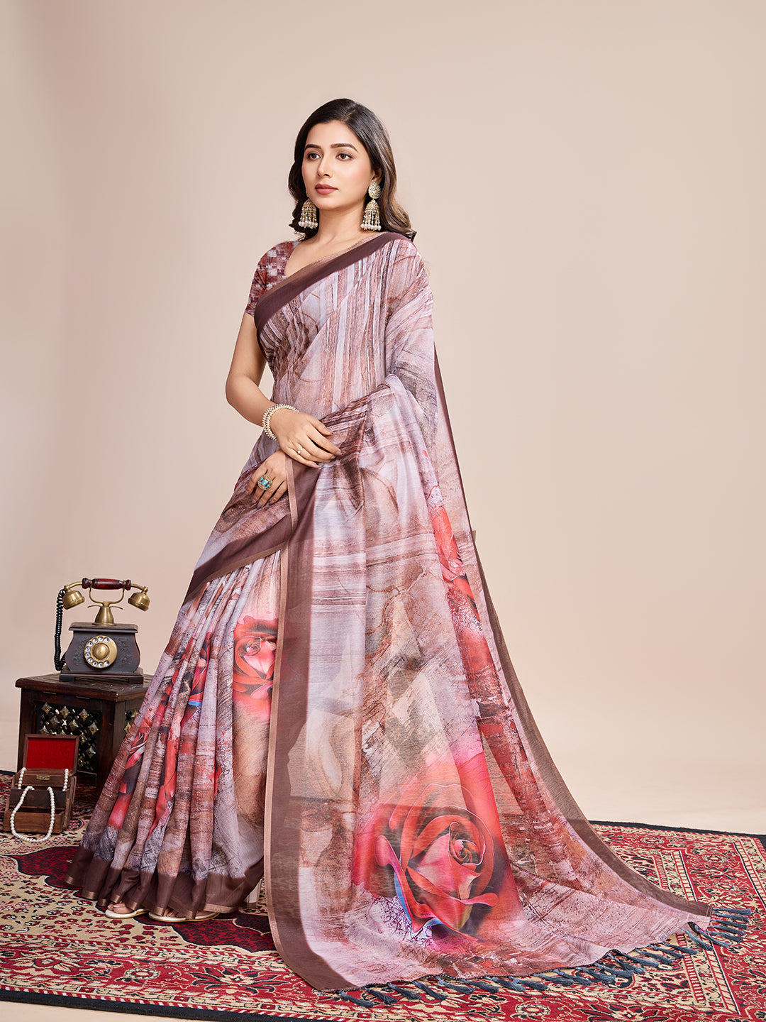 Vedant Vastram Linen Printed Bollywood Saree - Brown - Distacart