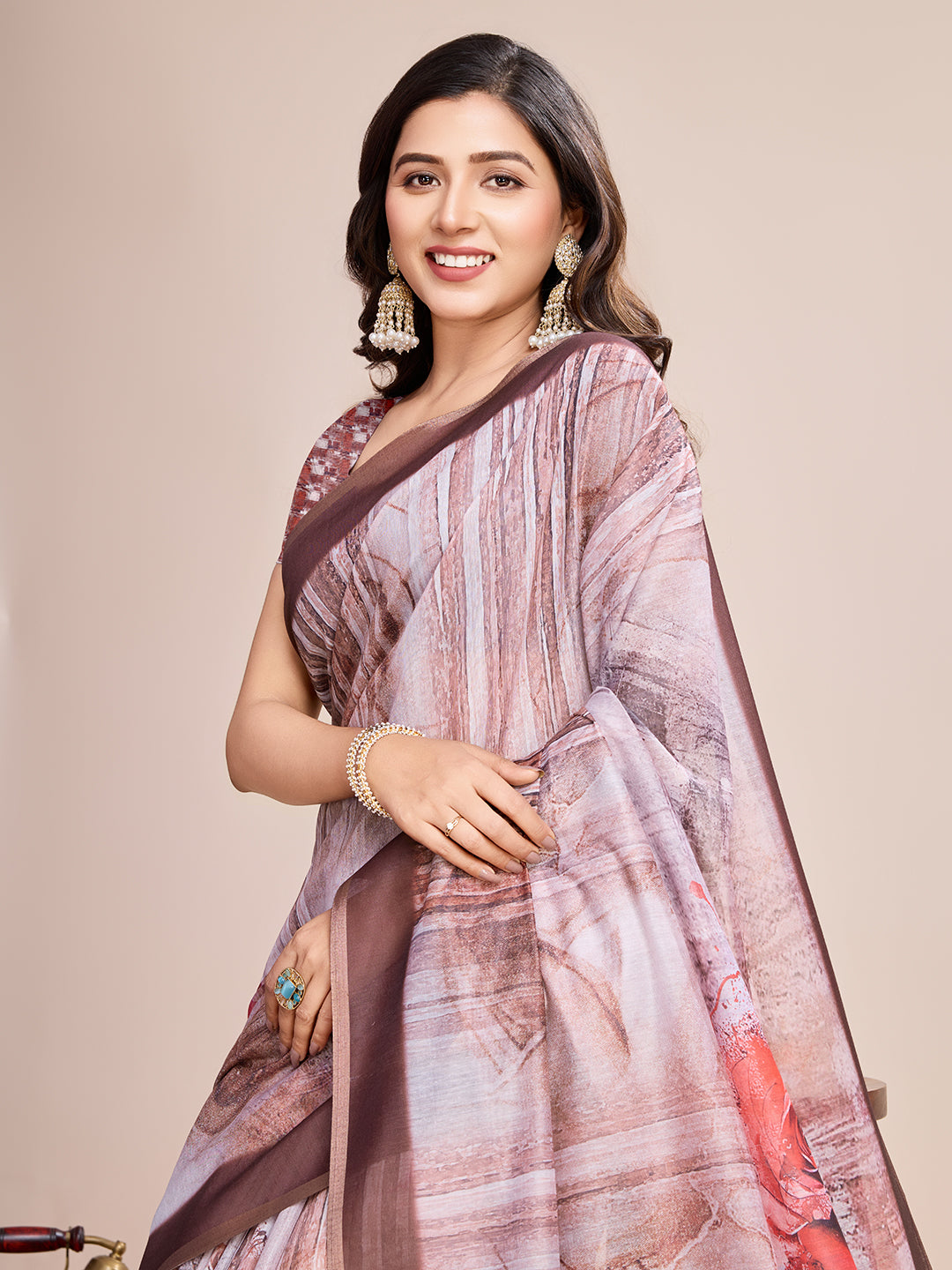 Vedant Vastram Linen Printed Bollywood Saree - Brown - Distacart