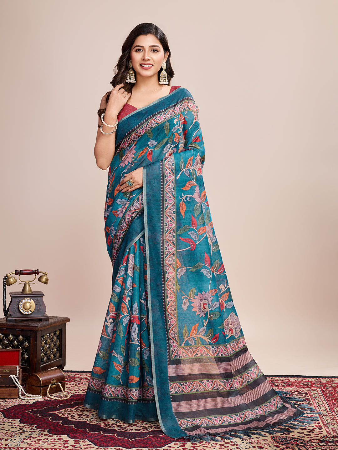 Vedant Vastram Linen Printed Bollywood Saree - Firozi - Distacart
