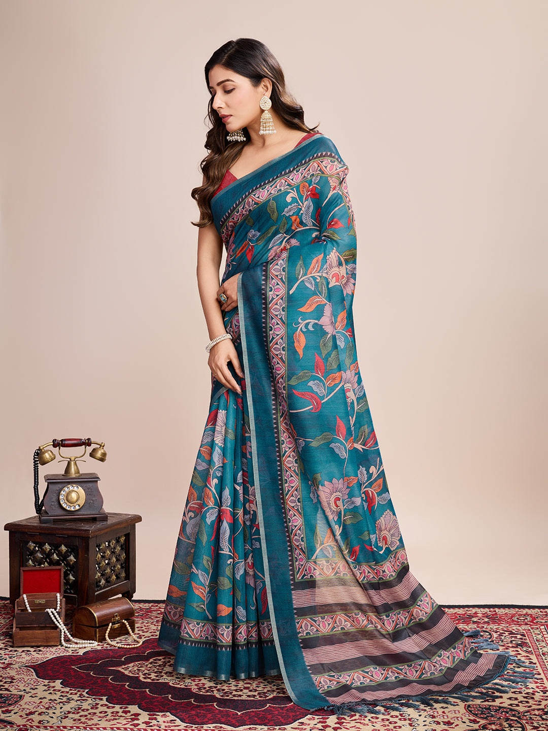 Vedant Vastram Linen Printed Bollywood Saree - Firozi - Distacart