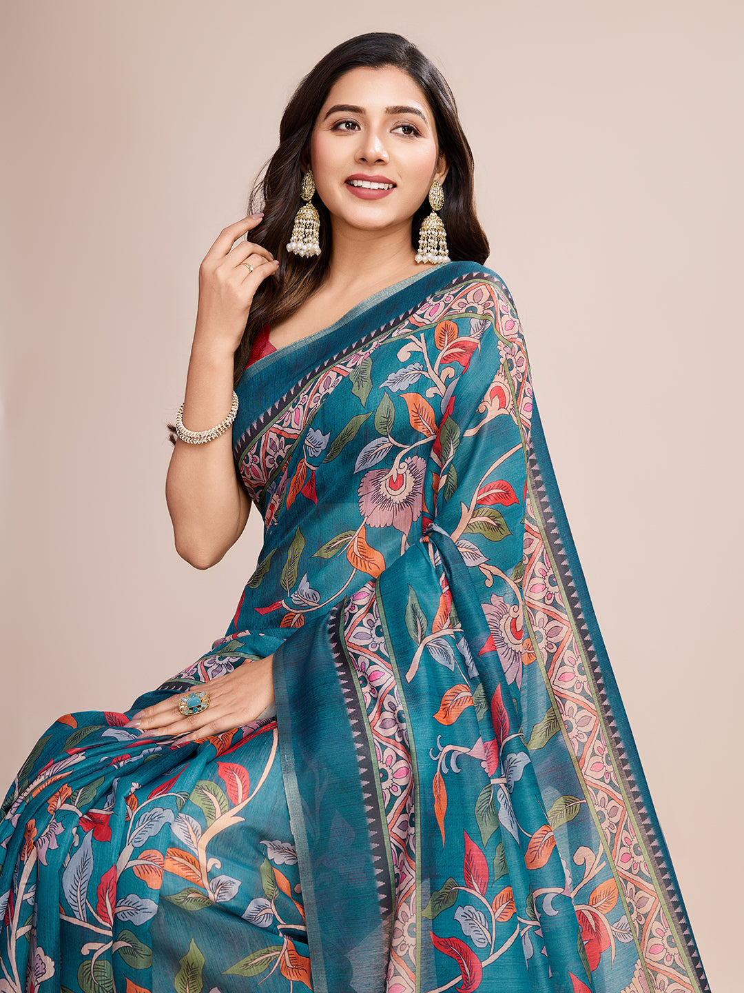 Vedant Vastram Linen Printed Bollywood Saree - Firozi - Distacart