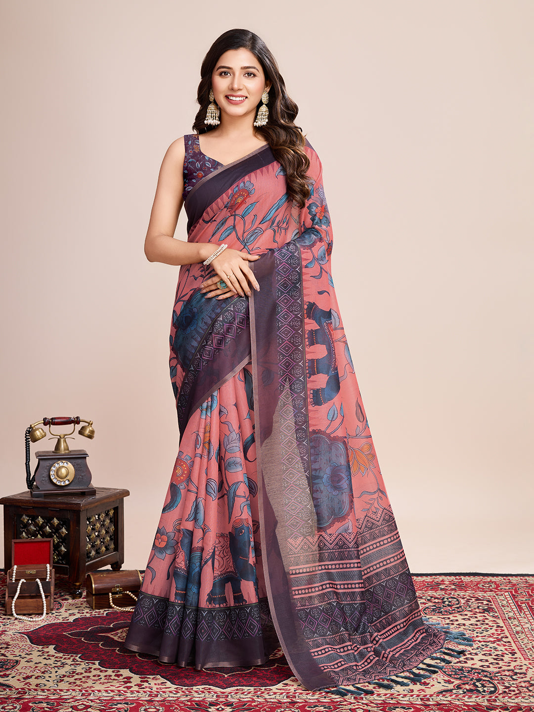 Vedant Vastram Linen Printed Bollywood Saree - Grey - Distacart