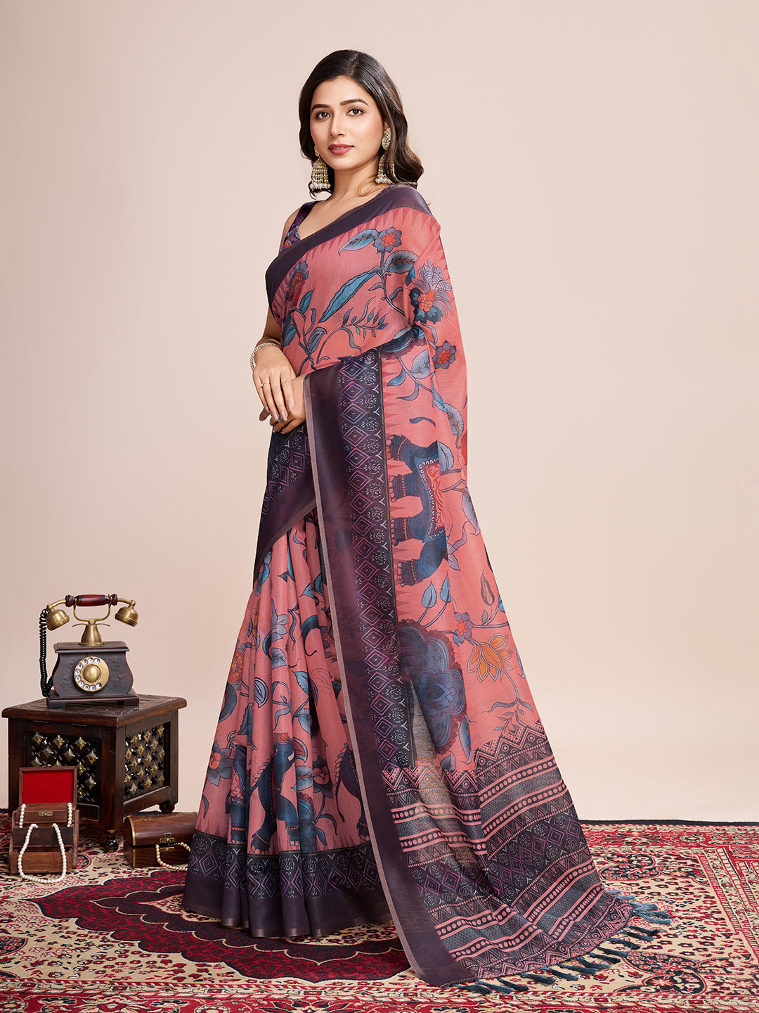 Vedant Vastram Linen Printed Bollywood Saree - Grey - Distacart