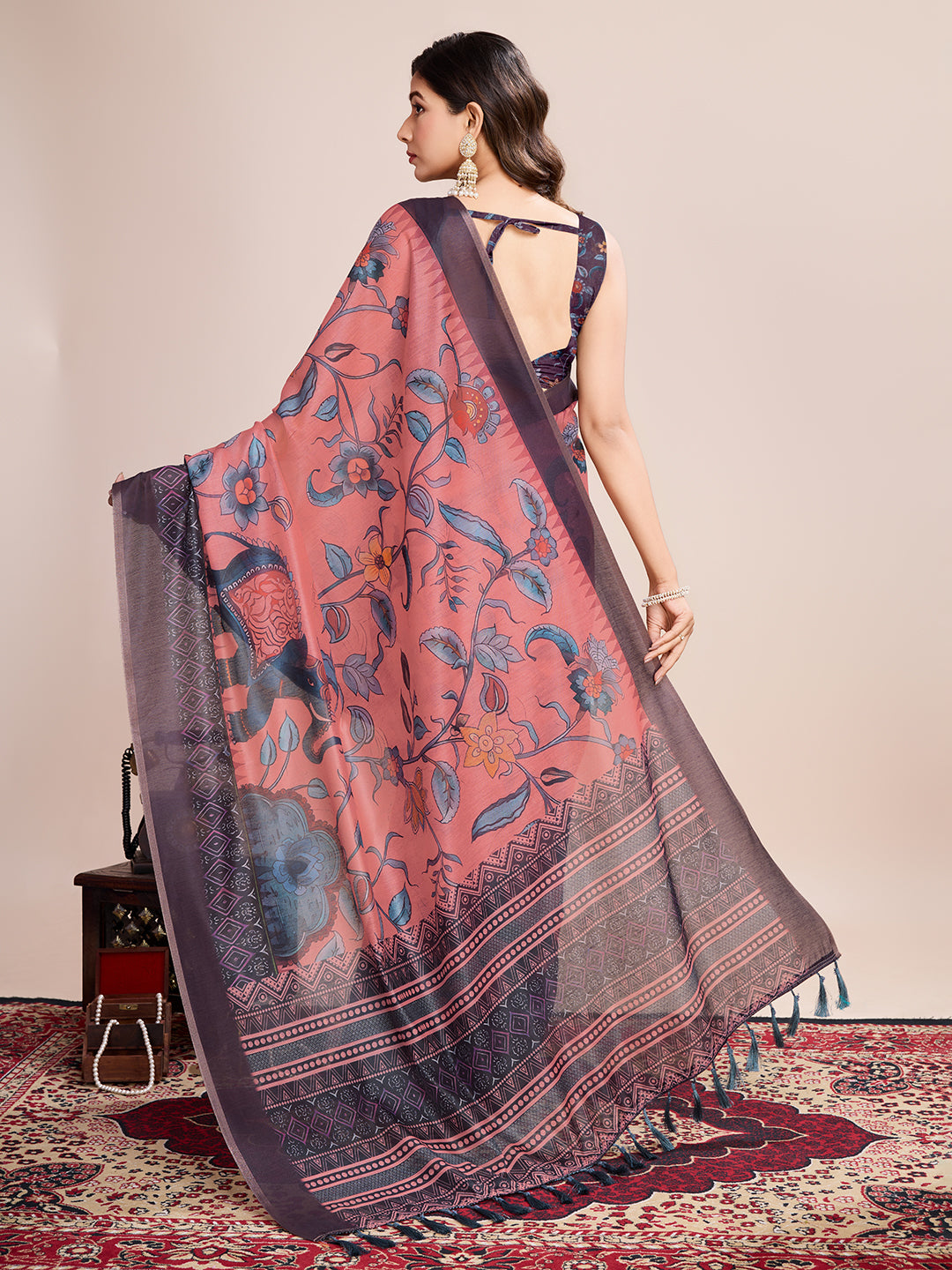 Vedant Vastram Linen Printed Bollywood Saree - Grey - Distacart