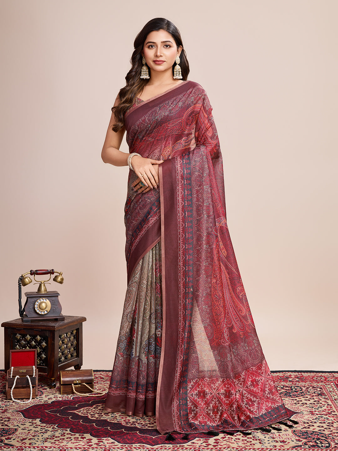 Vedant Vastram Linen Printed Bollywood Saree - Maroon - Distacart