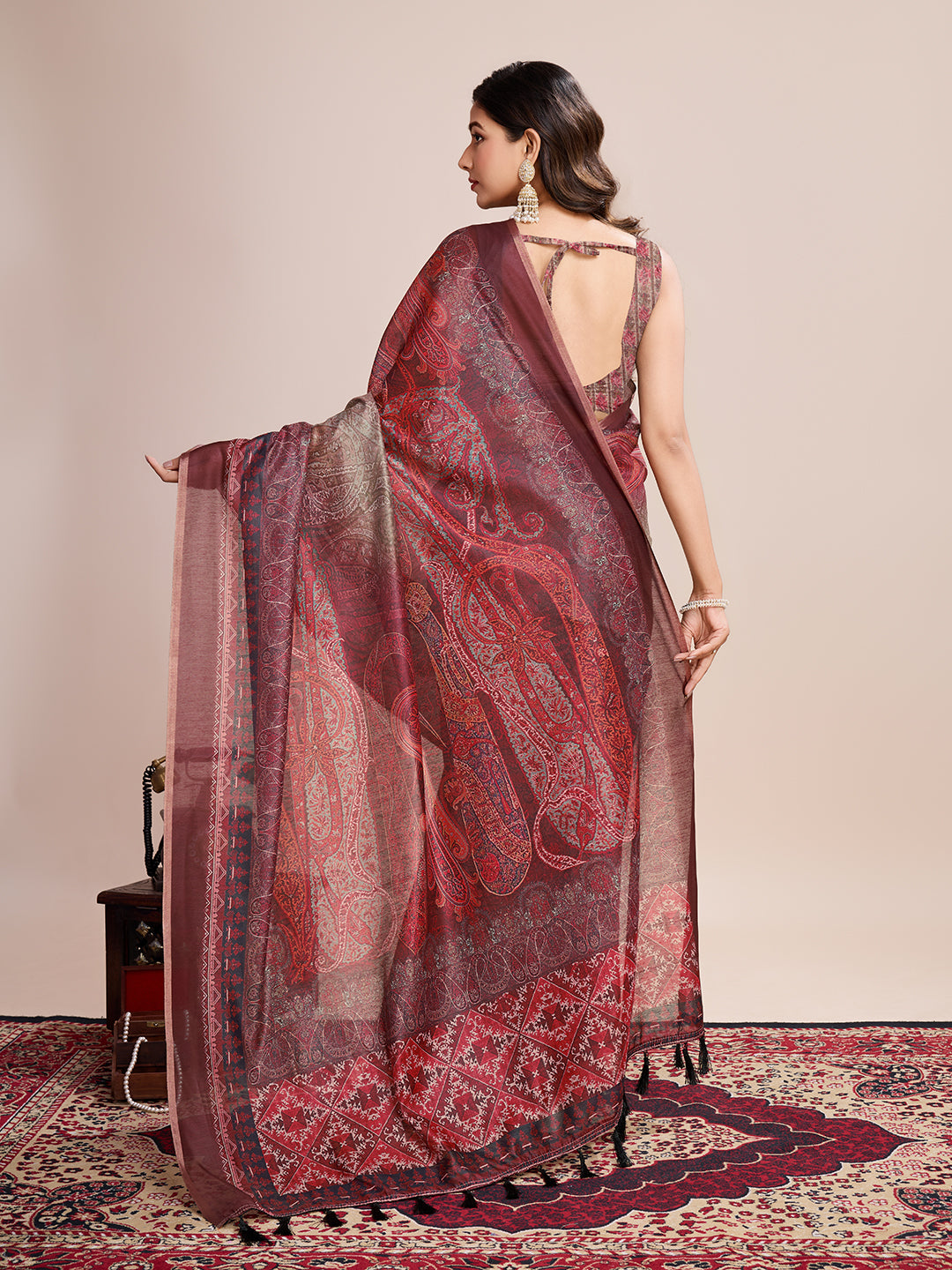 Vedant Vastram Linen Printed Bollywood Saree - Maroon - Distacart