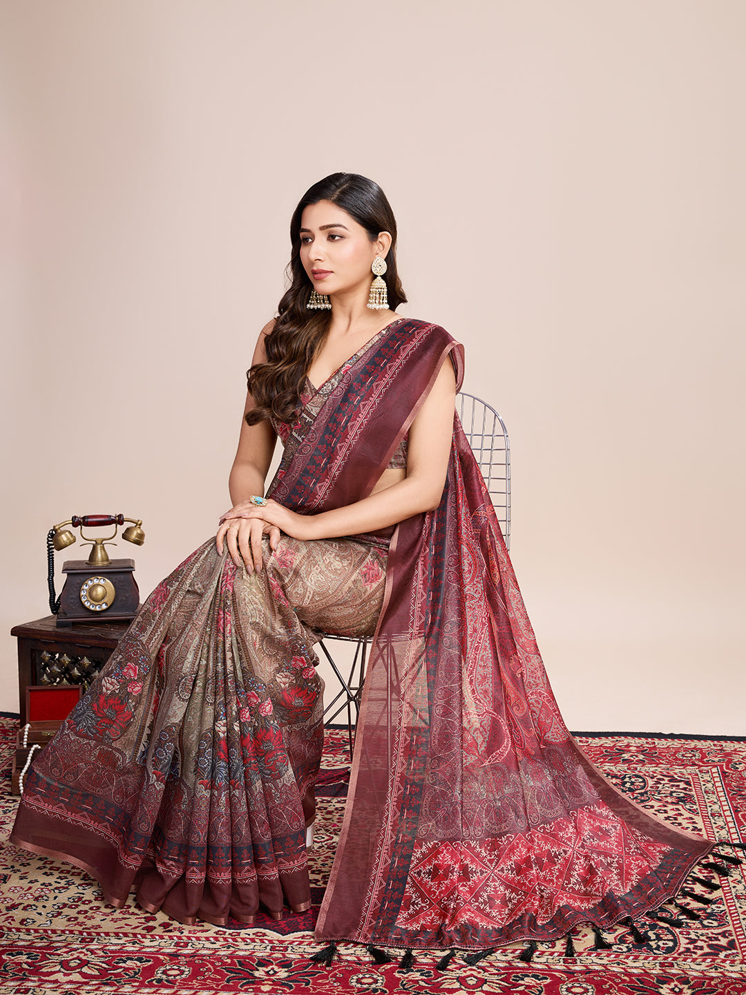 Vedant Vastram Linen Printed Bollywood Saree - Maroon - Distacart