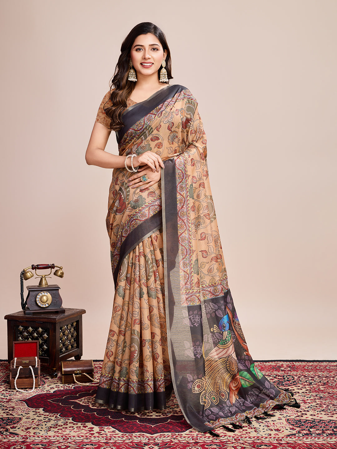 Vedant Vastram Linen Printed Bollywood Saree - Mustard - Distacart