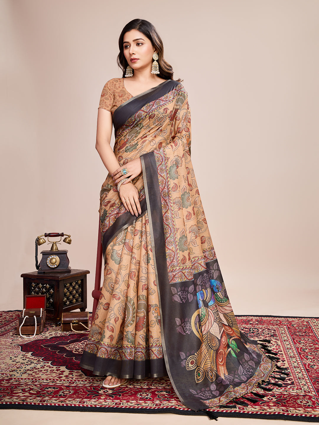 Vedant Vastram Linen Printed Bollywood Saree - Mustard - Distacart