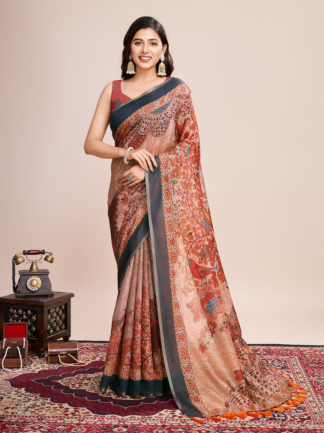 Vedant Vastram Linen Printed Bollywood Saree - Orange - Distacart