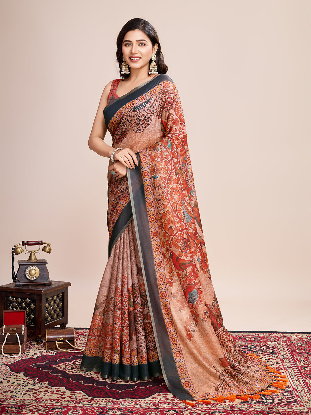 Vedant Vastram Linen Printed Bollywood Saree - Orange - Distacart