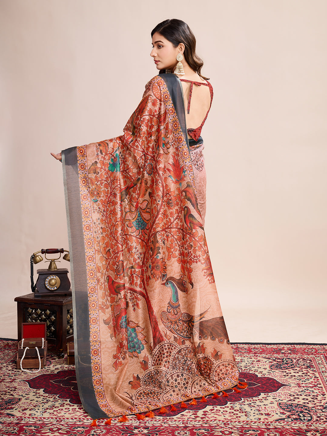 Vedant Vastram Linen Printed Bollywood Saree - Orange - Distacart