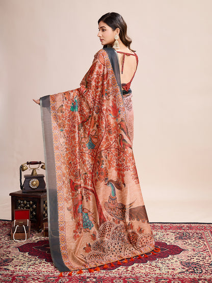Vedant Vastram Linen Printed Bollywood Saree - Orange - Distacart