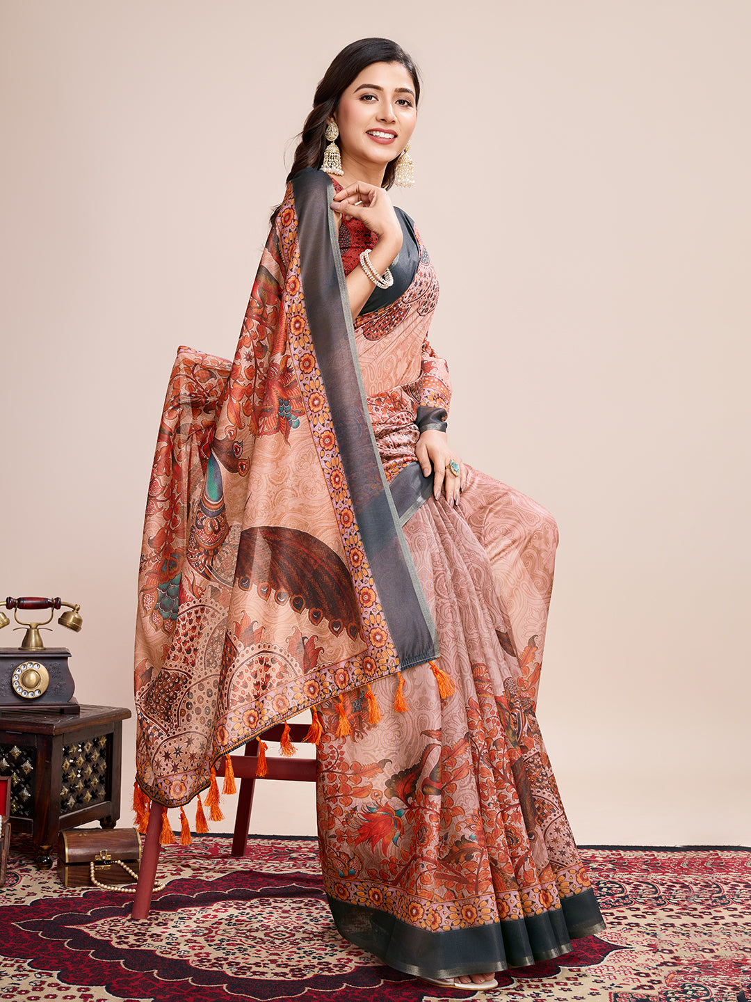 Vedant Vastram Linen Printed Bollywood Saree - Orange - Distacart