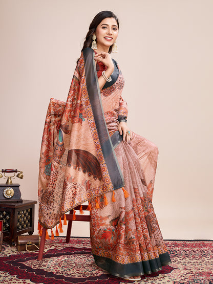 Vedant Vastram Linen Printed Bollywood Saree - Orange - Distacart