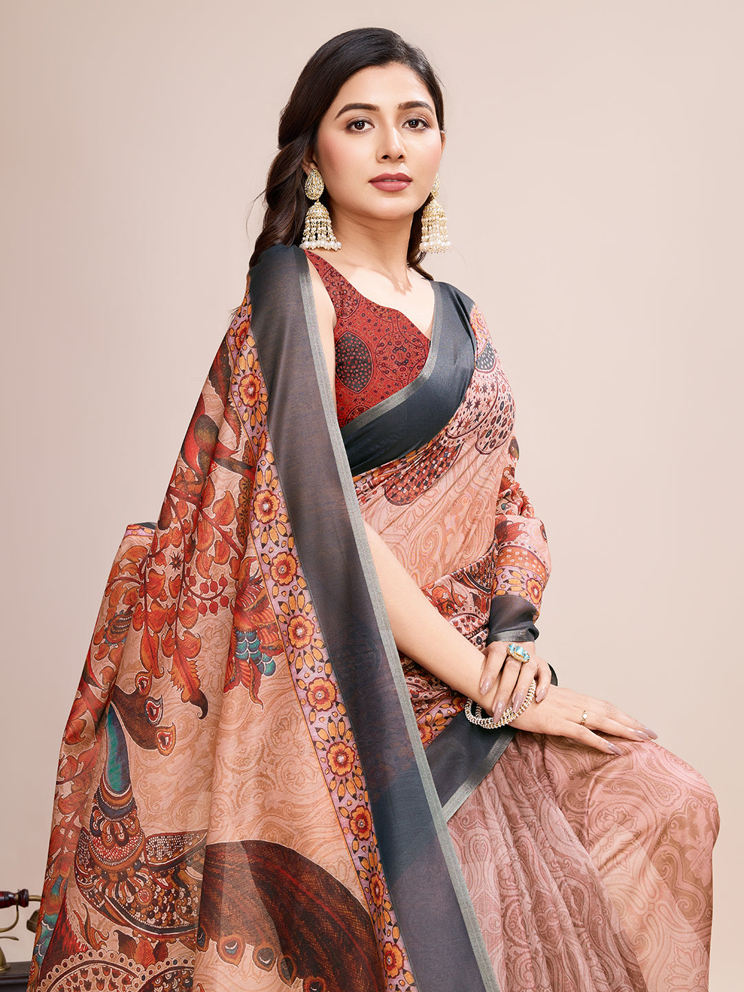 Vedant Vastram Linen Printed Bollywood Saree - Orange - Distacart
