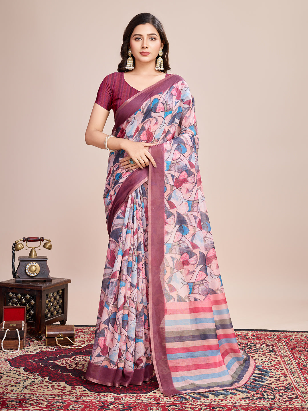 Vedant Vastram Linen Printed Bollywood Saree - Pink - Distacart